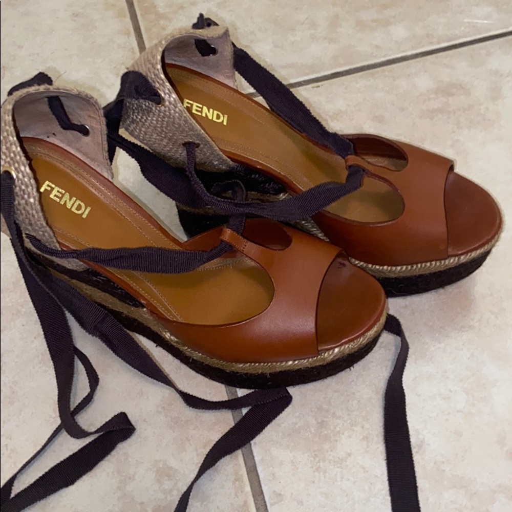 Fendi Lace Up Cork Wedges